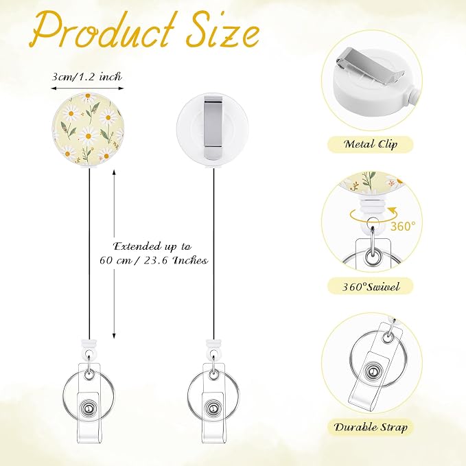 BESARME 3 Pack Retractable Badge Reels with Key Ring, Daisy | Cute daisy design, 22.8 in retractable cord, sturdy clip, for ID badges and keys, nurse teacher office use