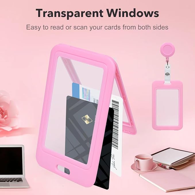 Pink Clear Double Sided Visualization Window Vertical Badge Holders with Retractable Round Reel Clips,Hard Plastic Protector for ID Name Card Girl Women