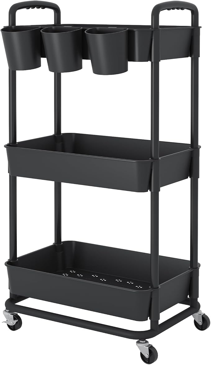 3-Tier Plastic Rolling Storage Cart Utility Cart Black | Utility Cart with Extra Hanging Cups Arc-Shaped Handles Lockable Wheels for Living Room Bathroom Kitchen Office
