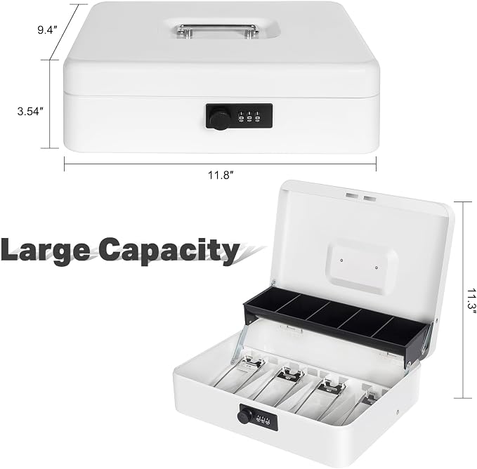 Cash Box with Combination Lock, Metal Money Box for Cash Register, Large Cash Lock Box for Money Safe 11.8" x 9.4" x 3.54" White