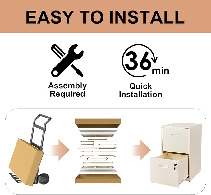 Polup 2 Drawer File Cabinet with Lock, Metal Filing Cabinet for Home Office | Small Locking Cabinet for Under Desk Storage, Printer Stand, Fits Letter Size, Cream, 26"H x 15"W x 18"D, Easy Assembly