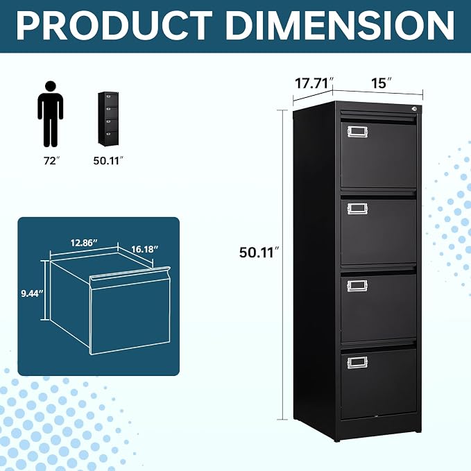 MIIIKO 4 Drawer File Cabinet with Lock, Metal File Cabinets for Home Office,Vertical Filing Cabinets Office Storage Cabinet for Letter,Legal,A4,File Folders(Black)