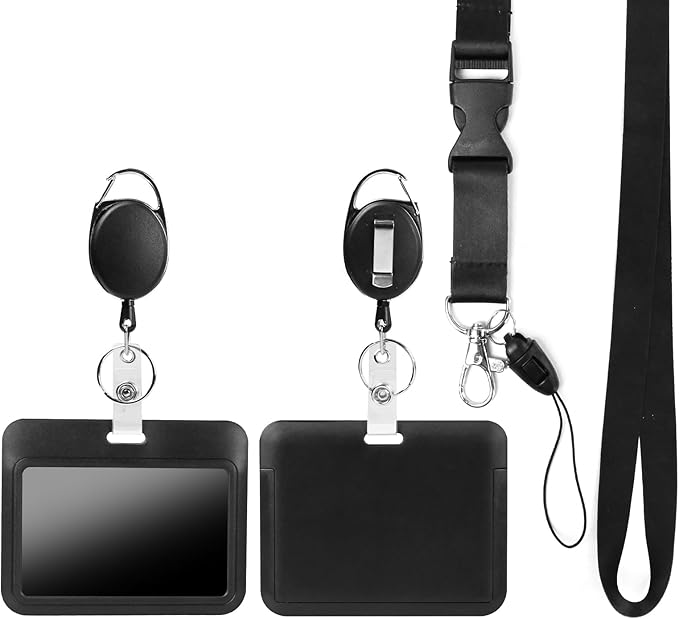 Black Horizontal ID Badge Holder with Lanyard, Retractable Heavy Duty Oval Badge Reels,Detachable Keychain, for Nurse Officer Teacher Security Staff Women Men
