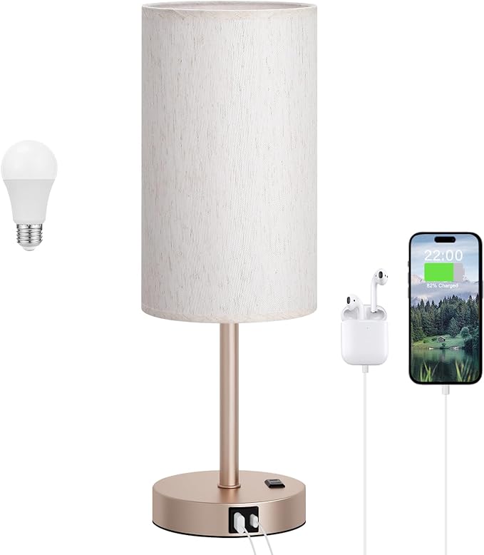 Dicoool 17.4" Bedside Lamp for Bedroom - Dimmable Touch, USB A+C, AC Outlet | LED Bulb Included, 3-Way Dimmable, 17.4" Table Lamp for Living Room, Dorm, Cream Fabric Lampshade, Antique White Metal Base