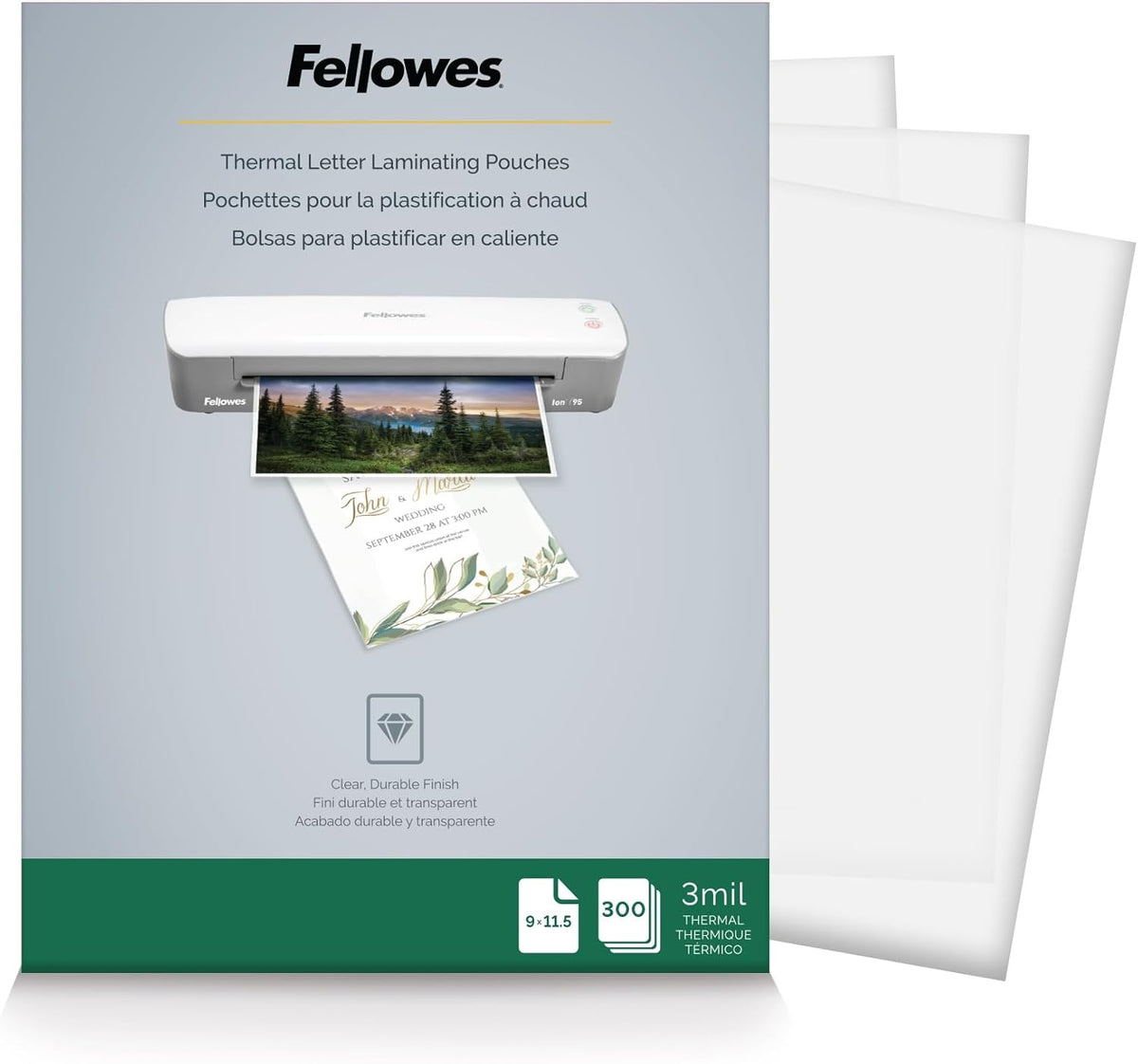 Fellowes Thermal Laminating Pouches, Letter Size Sheets, 3mil, 300 Pack, Clear (5247101)
