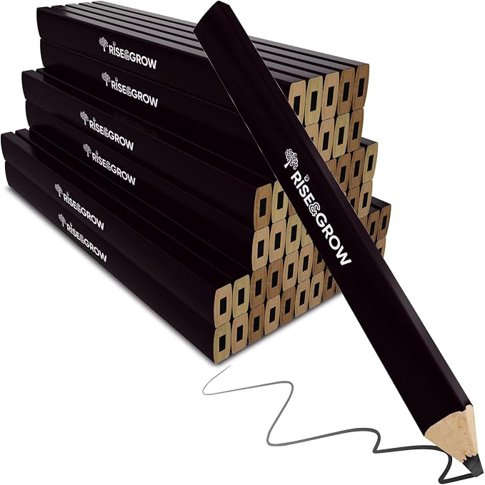 Rise & Grow 50 Set, Black Carpenters Pencils Bulk 7” – HB Lead Flat Construction Pencils for Men and Women - Woodworking Pencil for Marking Wood, Concrete and Plastic (Black)