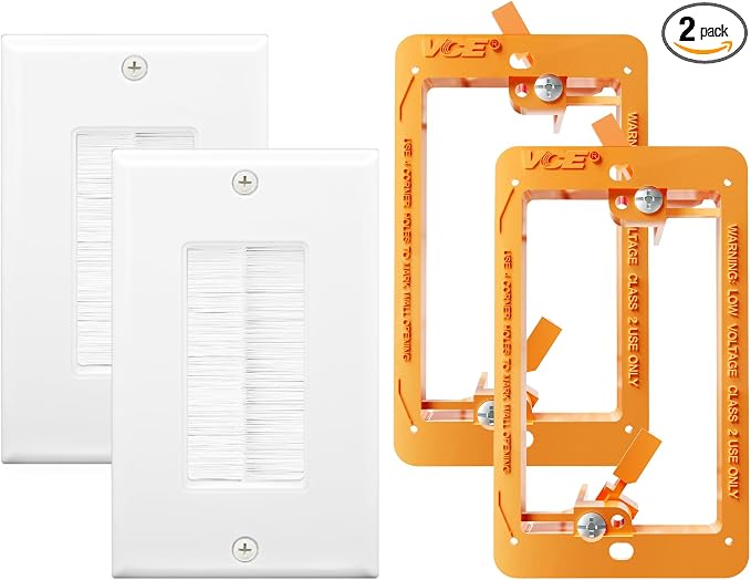 VCE Brush Wall Plate Cable Pass Through with Bracket, Decorator Cover for Low Voltage Cables - White, 2-Pack (2, Orange)
