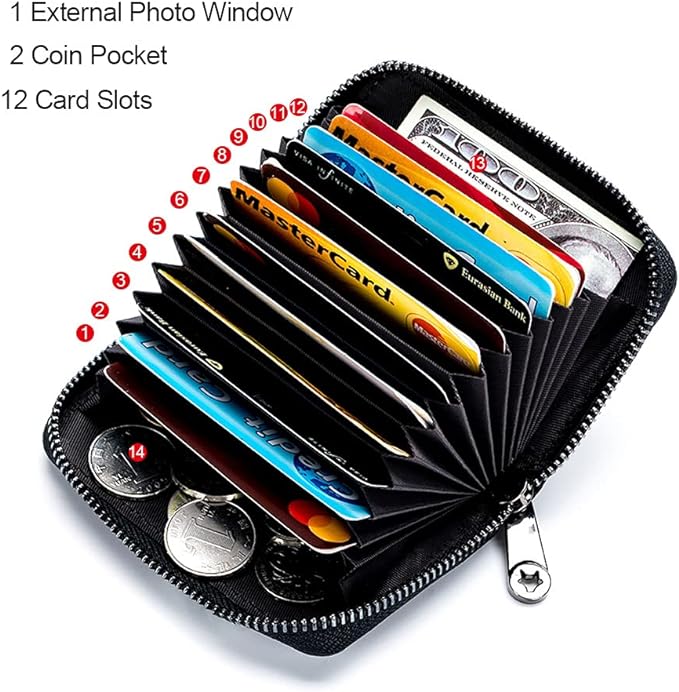 Genuine Leather Credit Card Wallet Accordion Zipper Rfid Credit Card Holder Small Coin Purse with ID Window (blue)