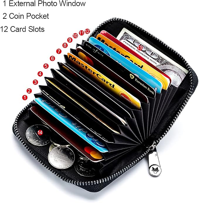Genuine Leather Credit Card Wallet Accordion Zipper Rfid Credit Card Holder Small Coin Purse with ID Window (green)