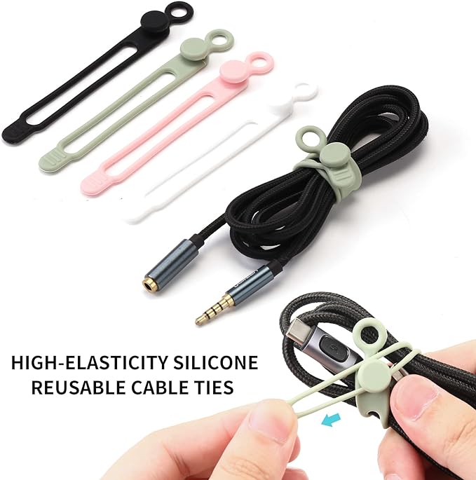 UMUST 20pcs Silicone Cable Ties,Reusable Cable Management Organizer, Wire Ties，Travel Cord Ties，Cord Organizer for Bundling Cable Cords in Home,Office,Kitchen,School(White Black)