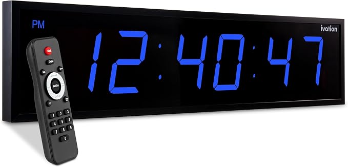 Ivation Oversized 24" Large Digital LED Clock | Big Digital Clock w/Multi-Function Display – Stopwatch, Timer, Alarms, Temp & Date | 6 Brightness Levels, Time Memory & Remote (Blue)