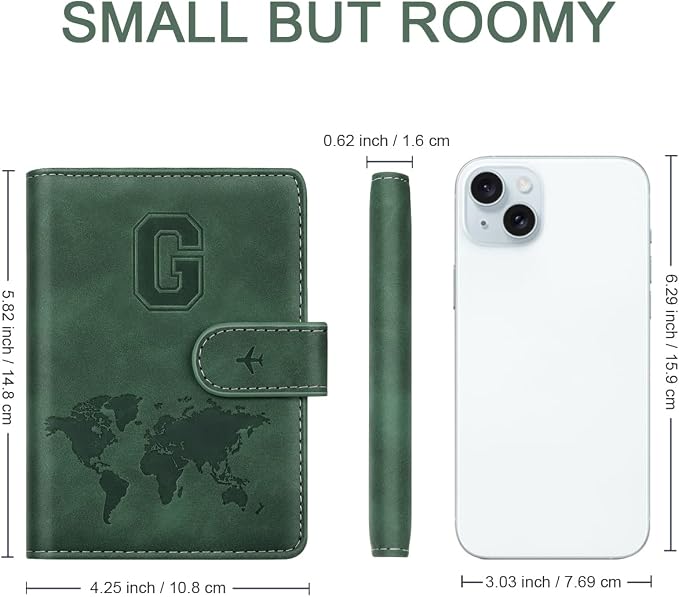 Passport Holder Wallet Cover Personalized Initial Travel Essentials | Embossed Letter A-Z Design, Travel Wallets, RFID Blocking, Passport Book Holders, Women Men, Personalized Gifts, Green-G