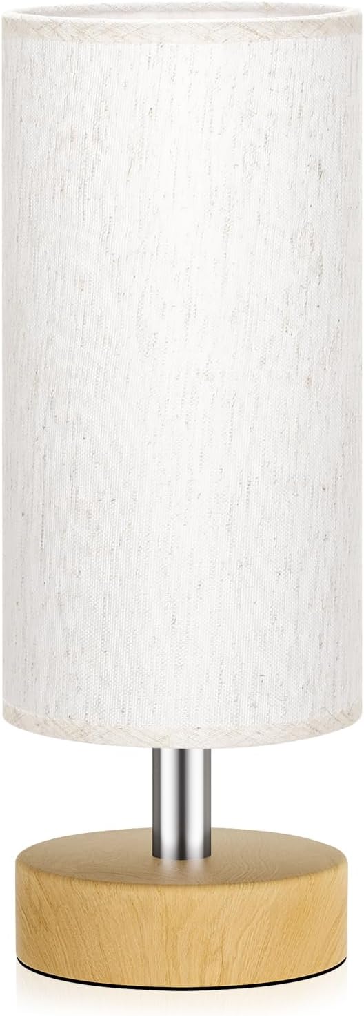 Table Lamp for Bedroom（Cream Shade - Wood Base, 11.6" Inline Control） | Bulb not Included | Minimalist Desk Lamp | Linen Fabric Shade | for Living Room | for Dorm