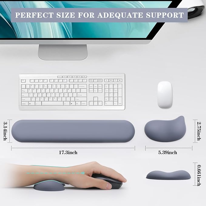 Ergonomic Wrist Rest for Computer Keyboard and Mouse Set with Wrist Support | Leather Memory Foam Mouse pad Rests for Pain Relief, Non-Slip, Desk Wrist Pad for Office Home (Blue)