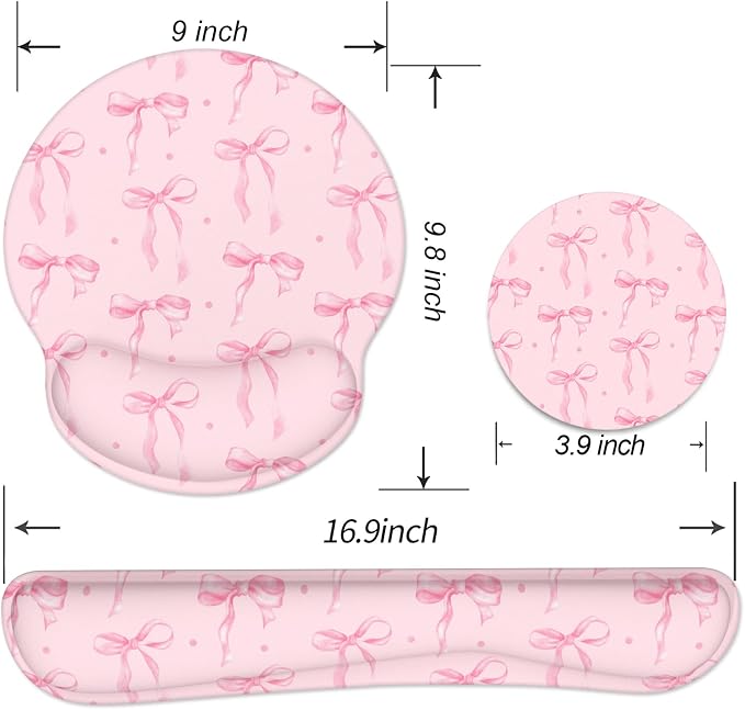 Ergonomic Mouse Pad with Wrist Rest and Keyboard Wrist Rest, Mousepad | Memory Foam Wrist Rest for Computer Keyboard, Pain Relief, Non-Slip Rubber Base, Mouse Pad Wrist Support for Gaming, Pink Bow