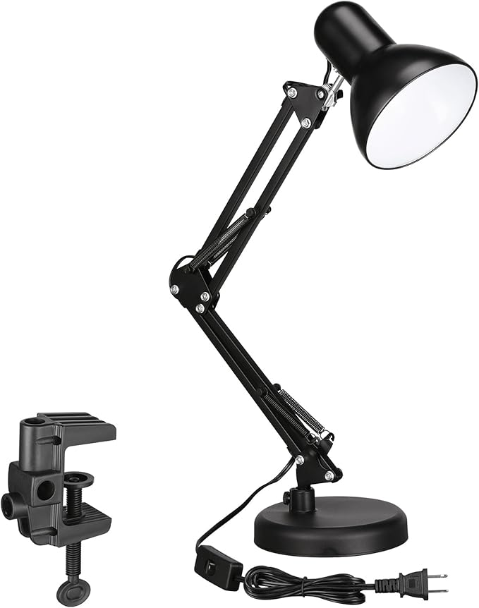 TORCHSTAR Metal Desk Lamp, Adjustable Swing Arm, E26, Black | Architect Gooseneck Multi-Joint Clip Table Lamp with Plastic Clamp, for Home Office, Work, Study, Reading, Bulbs not Included