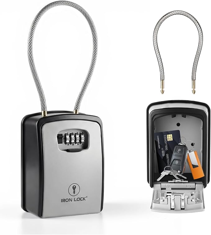 Iron Lock® XXL Portable Key Lock Box, 15in Steel Cable, Code (XXL, Grey) | Holds 20-30 keys + car fobs; unique built-in tray; loops on gate or rail or wall-mounts; resettable code; dial cover