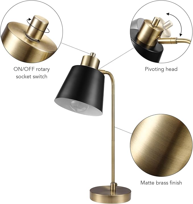 Globe Electric 18" Matte Brass Desk Lamp with Matte Black Metal Shade | Adjustable pivot joint, metal shade, rotary switch, requires 1 E26 60W bulb (sold separately), 61000055