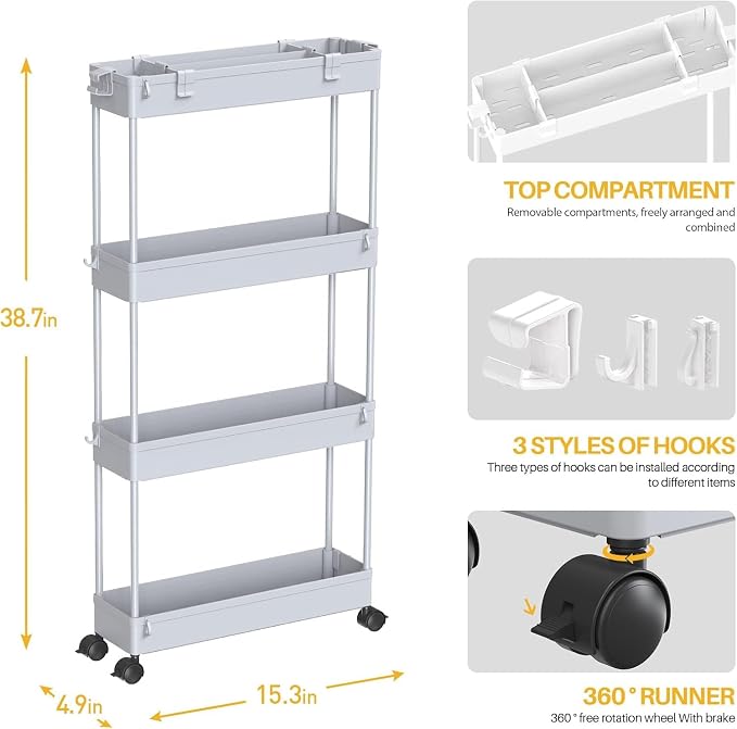 2-piece Set Slim Storage Cart 3 Tier,Bathroom Organizer Rolling Utility,Mobile Shelving Unit Slide Out for Office, Kitchen, Laundry Room & Narrow Places