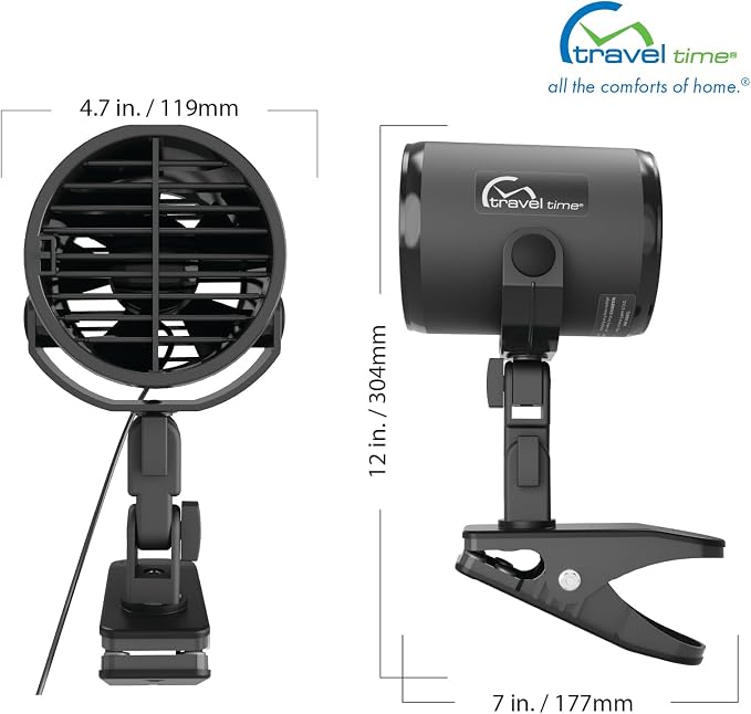 TRAVEL TIME 12V Turbo Fan Clip-On, Black – Universal for Most Vehicles, Variable Speed Control, Cooling Fan, Portable Fan for Cars, Trucks, and UTV's
