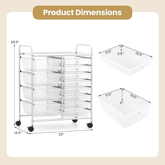 BECOMFORT 15-Drawer Rolling Cart with Drawers, Storage Cart on Wheels, Teacher Classroom Organizers with Metal Frame, Mobile Craft Cart for Tools