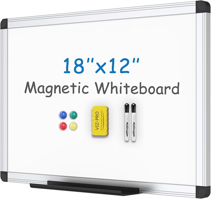 VIZ-PRO Magnetic Whiteboard, 18 x 12 Inches, Dry Erase Board for Wall | Includes 1 Eraser, 2 Markers & 4 Magnets, Aluminum Frame, for School Office and Home