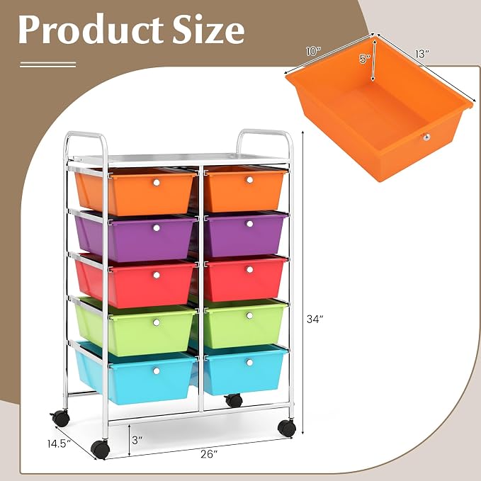RELAX4LIFE Rolling Storage Cart with 10 Drawers - Craft Storage Cart with Lockable Wheels,Utility Cart, Art Cart Organizer for Crafting Storage, Studio, Office, Home, School Rolling Drawer Cart