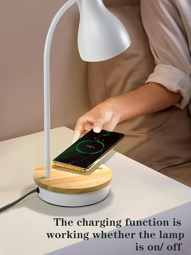 LALISU Metal Desk Lamp Wireless Charging Table Lamp Touch Reading Lights Arc Desk Lamps for Bedroom, 3 Way Dimmable Bedside Lamp with USB Charging Ports Lamp for Study Room and Office (White)