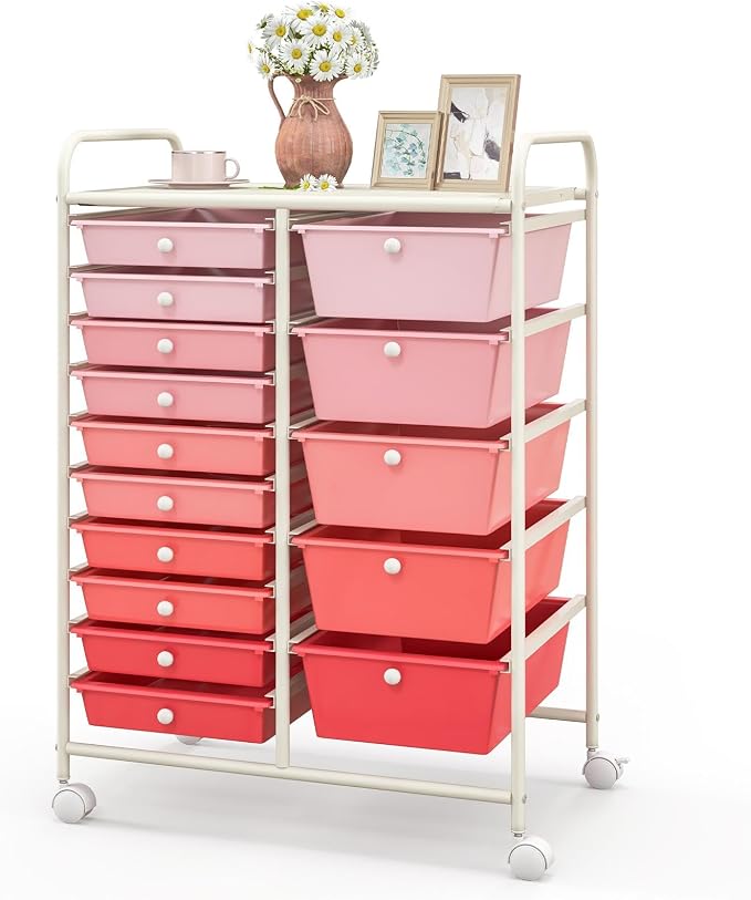 GLACER 15 Drawers Rolling Storage Cart, Steel Frame Craft Organizer Cart | Utility Cart w/Lockable Wheels & Sleek Handle, Mobile Art & Tool Supply Trolley for Teacher, Home, School, Office (Pink)
