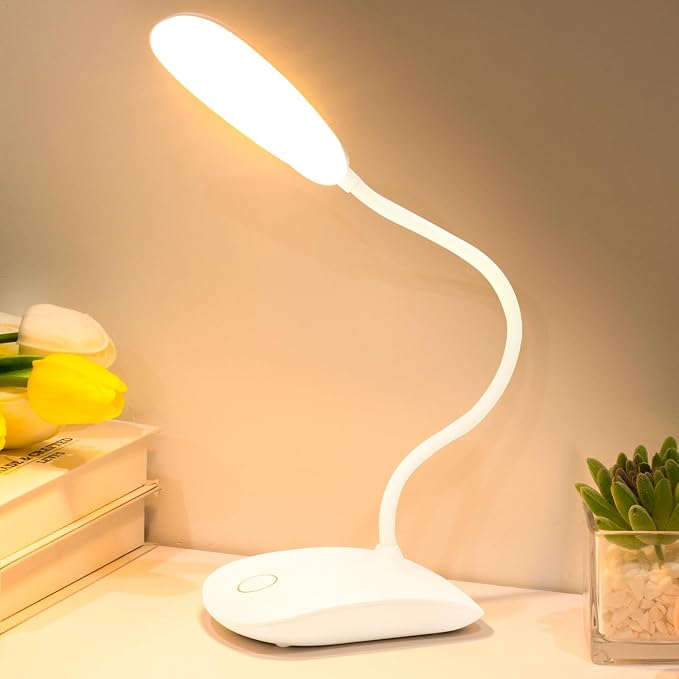 Portable Battery Powered Desk Lamp Small Rechargeable LED Table Light | 400 Lumen Eye Care,3 Color Temperatures,Stepless Touch Dimming,360° Adjustable for Nail Study Dorm Office Bedroom,White 1 Pcs