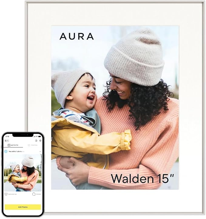 Aura 15" HD WiFi Digital Picture Frame – Free Unlimited Cloud Storage – Send Photos from Phone – No Subscription – Auto On/Off – Gift for Parents & Grandparents (Cool White Mat, 15")