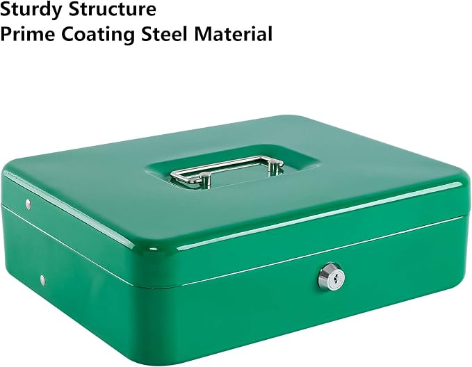 KYODOLED Locking Cash Box with Lock,Money Box with Cash Tray,Lock Safe Box with Key,Money Saving Organizer,11.81Lx 9.45Wx 3.54H Inches,Green XL Large