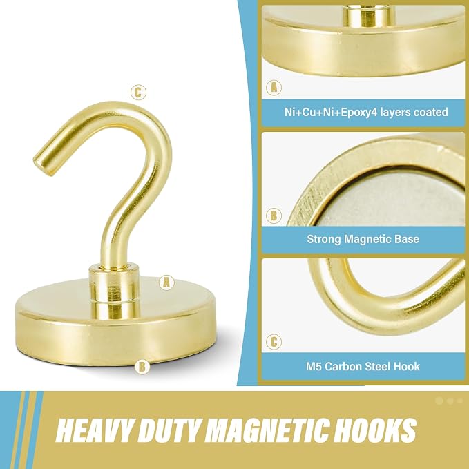 Neosmuk Magnetic Hooks, Heavy Duty 130lb+ Strong Magnet Hook for Cruise Cabins, Cruise Essentials 2026 for Hanging, Metal Wall Refrigerator Hangers (Golden, 10 Pack)