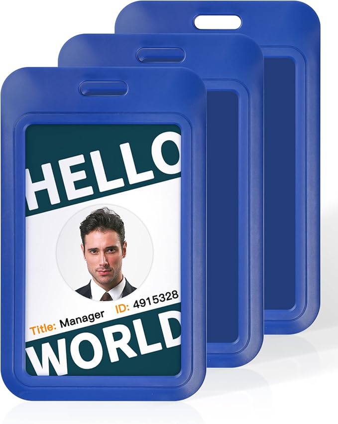 Uniclife 3 Pack Sliding ID Badge Holder Vertical Hard Plastic Case with Clear Window Blue Card Protector Pouch for Office School ID Credit Cards Proximity Key Cards Driver’s Licenses and Passes