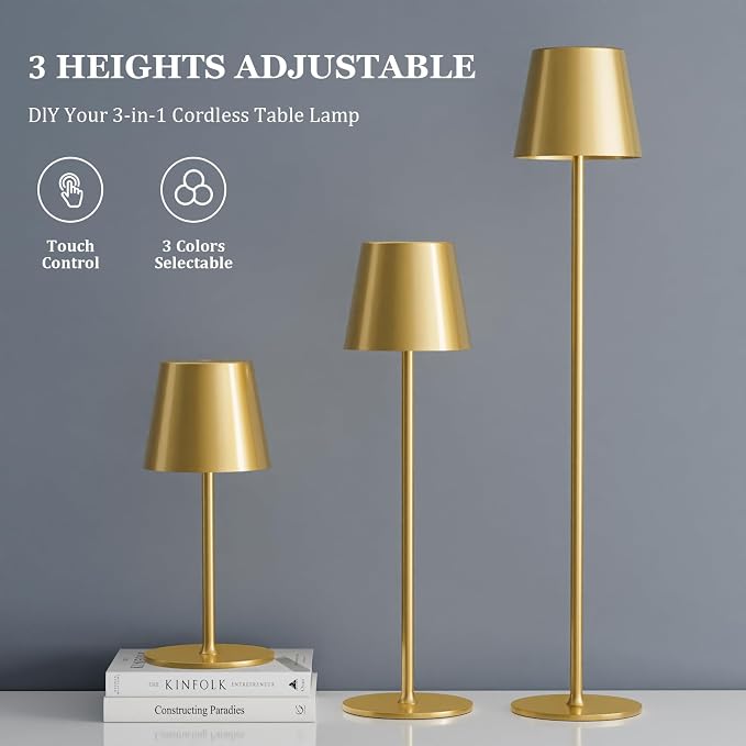 Kakanuo 20" Cordless Table Lamp Rechargeable Gold - 2 Pack 5000mAH Battery Operated Lamp for Counter, 3 Color Stepless Dimming Wireless Lamp for Dining Kitchen, Outdoor Patio, Touch Control
