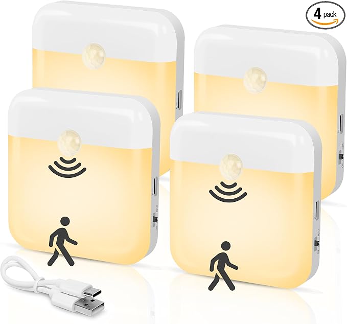 4 Pack Motion Sensor Night Light, Rechargeable Battery Night Lights Warm White, Portable Mini Motion Activated Night Light for Wall, Hallway, Kids Room, Stairway, Cabinet