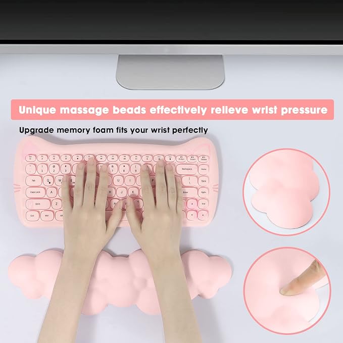 ATTACK SHARK Cloud Mouse Pad Wrist Support and Keyboard Wrist Rest,Ergonomic Design for Typing Pain Relief,Memory Foam Wrist Rest Leather Cup Coaster,Lightweight Desk Gel Hand Wrist Rests(Pink)