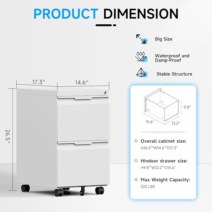 2 Drawer Mobile File Cabinet with Lock, Rolling File Cabinet with Wheels | Metal Small Filing Cabinet with Wheels for Home Office Storage, Fits Legal/A4/Letter/Document Size, Required Assembly, White