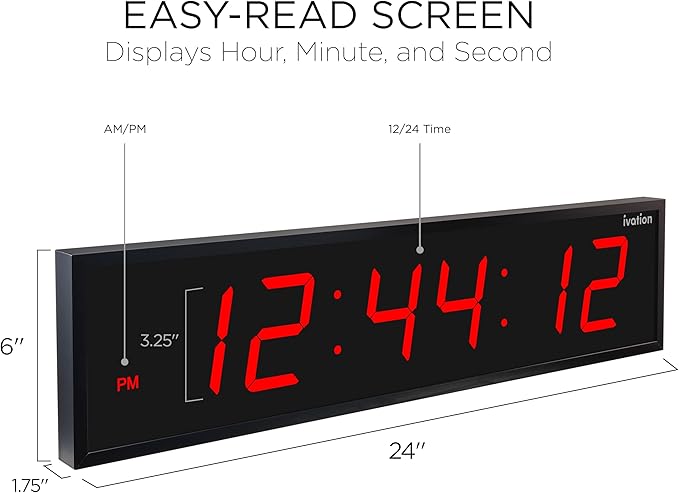 Ivation Oversized Large Digital Wall Clock - Big LED Digital Clock w/Large Display & Durable Aluminum Frame, Shelf or Wall Mount (24 Inch - RED) 6 Brightness Levels | Time Memory | Remote