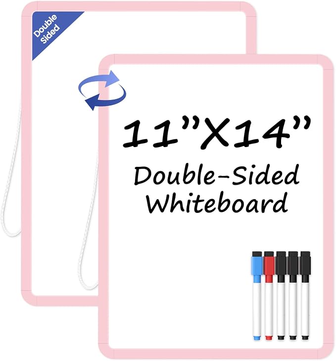 Small Wall White Board, 11" x 14" Mini Double-Sided Magnetic Dry Erase Board with Plastic Frame, Hanging Whiteboard with 5 Markers for Kids Students School Kitchen Home & Office, Pink