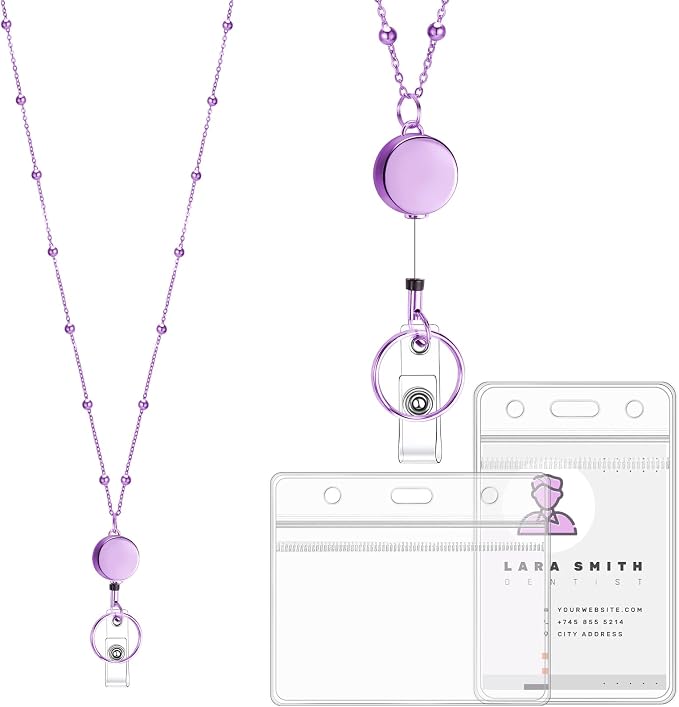 Lanyards for Id Badges Stainless Steel Badge Lanyards with 2 Pcs Waterproof Id Badge Holder Retractable Id Badge Lanyards Teacher Lanyard for Cruise Ship Key Cards Id Badges (Purple)
