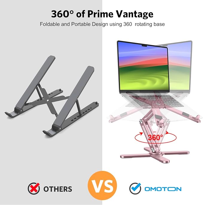 OMOTON LA10 360° Rotating Laptop Stand Riser Foldable for Desk, Pink | Aluminium Aolly, Adjustable Height Angles, Collaborative Work, Easy Storage, Fits Laptops up to 17", for MacBook Pro/Air HP