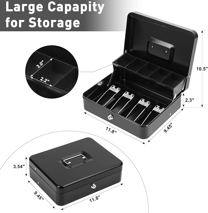 KYODOLED Cash Box with Key Lock–0.7mm Thick Metal Money Box for Flea Market Vendors, Craft Fairs & Small Business–Portable Cash Drawer with Auto-Pop Coin Tray & Windproof Bill Clips (11.8", Black)