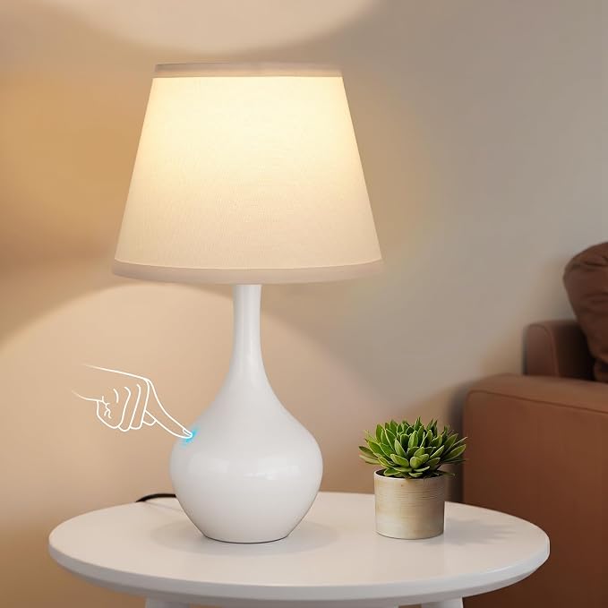16.1" Touch Table Lamp for Nightstand, 3 Way Dimmable Small Bedroom Lamp | Touch Control, Bulb Included, White Bedside Lamps for Desk, Night Stands, Living Room, End Table, Corded