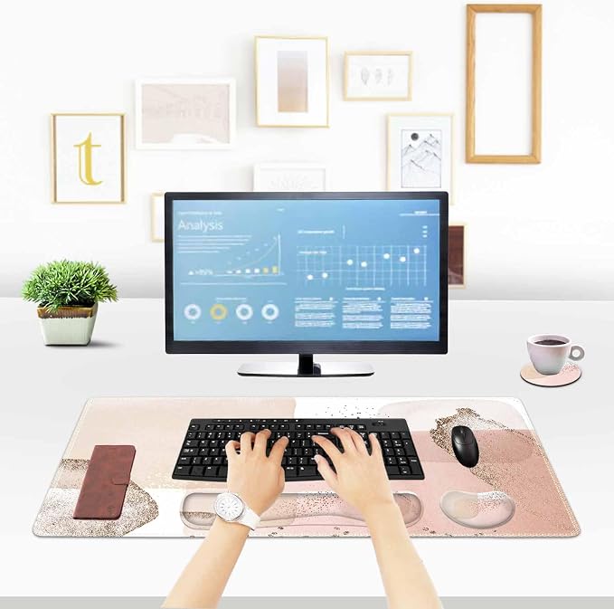 ToLuLu Extended Gaming Mouse Pad, Ergonomic Keyboard Mouse Wrist Rest Set | Large Desk Mat with Stitched Edges, Memory Foam Support Non-Slip Base Mousepad for Home Office Game Study, Gold Art Style