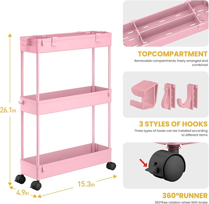 Slim Storage Cart 3 Tier,Bathroom Organizer Rolling Utility,Mobile Shelving Unit Slide Out for Office, Kitchen, Laundry Room & Narrow Places,Pink