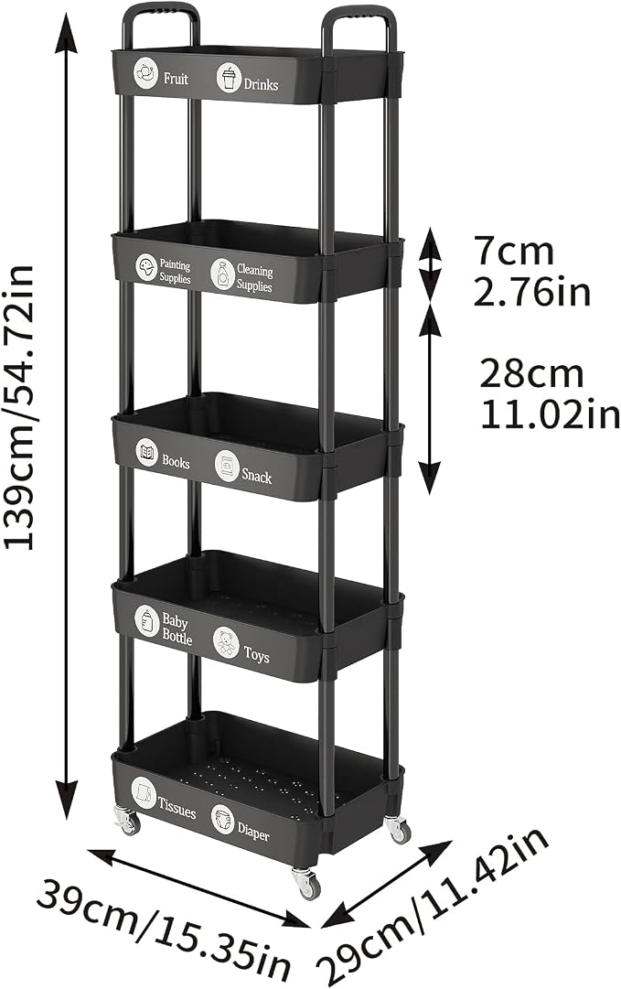 Laiensia Multifunction Utility Rolling Cart, 5-Tier Plastic & Metal Storage Organizer, Black, Lockable Wheels, Modern Style, Indoor Use
