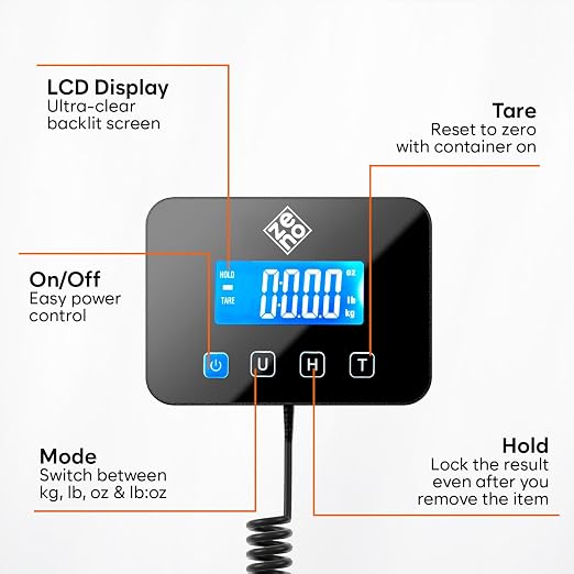 Shipping Scale for Small Business - 440 lbs/0.35oz - High Accurate Digital Postal Scale with Hold/Tare Function - Perfect for Packages, Luggage, Home Use - Battery & Cable Included - Silver