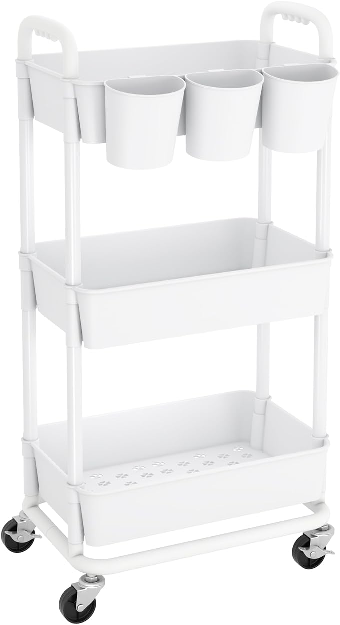 3-Tier Plastic Rolling Storage Cart Utility Cart with Extra Hanging Cups Handles Lockable Wheels for Living Room Bathroom Kitchen Office White | Utility Cart with Extra Hanging Cups Arc-Shaped Handles Lockable Wheels for Living Room Bathroom Kitchen Of...