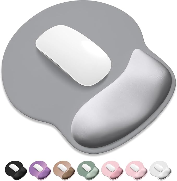 ITNRSIIET Ergonomic Mouse Pad with Wider Memory Foam Wrist Rest +17%, Curved Cushion Reduces Pressure 20%, Pain Relief, Non-Slip, Smooth, Cute Color Desk Accessory, 9.85 x 9 inch, Light Gray Accent